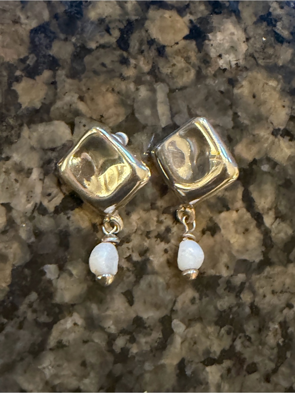 Sterling Silver Square Drop Earrings with Moonstone Bead Accent